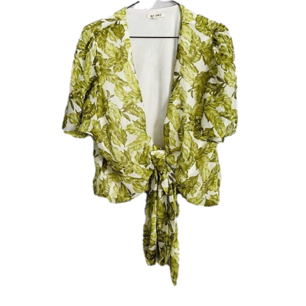 Miami • Tropical Palm Tree Leaf Wrap Top with Flutter Sleeves and Tie